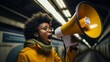 Subway Employee Broadcasting Message with Megaphone. Generative ai