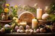Imbolc holiday, spring equinox. Wiccan altar for Imbolc sabbat. pagan festive ritual. Brigid's cross amulet, candles, wheel of the year on wooden table.