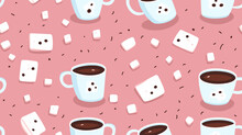Seamless Pattern Mugs Of Hot Chocolate Adorned With Marshmallows
