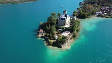 Aerial View Of Duingt Castle Or Chateau De Duingt In Annecy Lake, Haute Savoie, France