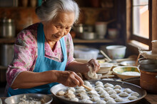 The Close Up Detail Of An Asian Aged Female Chef In An Apron Is Making Yummy Dumplings In A Kitchen Of A Local Famous Restaurant. Generative AI.