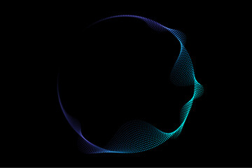 Poster - Abstract circle round frame flowing dot particles pattern colorful gradient light blue and green color isolated on black background. Vector in concept modern, technology, science, music.