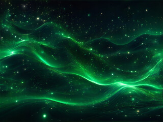 Wall Mural - Futuristic digital dark green flowing particles wave and light abstract background with shining dots stars, capturing the varying textures and colors.