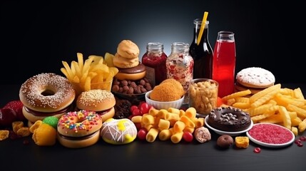 Wall Mural - Unhealthy products. food bad for figure, skin, heart and teeth. Assortment of fast carbohydrates food.