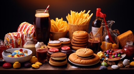 Wall Mural - Unhealthy products. food bad for figure, skin, heart and teeth. Assortment of fast carbohydrates food.