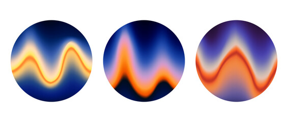 Poster - Iridescent round wavy gradient background set. Blurred liquid waves wallpaper collection. Colorful blue orange abstract backdrops in circles. Vector sphere templates for banner, flyer, cover, poster