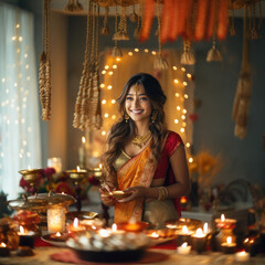 Wall Mural - Young indian woman making flower decoration for diwali festival