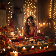 Wall Mural - Young indian woman making flower decoration for diwali festival