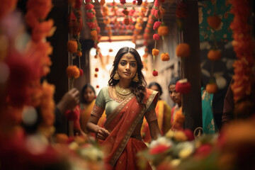 Young indian woman making flower decoration for diwali festival