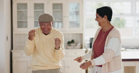 Wall Mural - Love, home kitchen and happy elderly couple dance, smile and enjoy quality time together, having fun and bonding. Retirement music, energy and senior man, old woman or people with Brazil song track