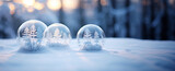 Fototapeta  - transparent christmas spheres on an empty snowy surface with a defocused bokeh background