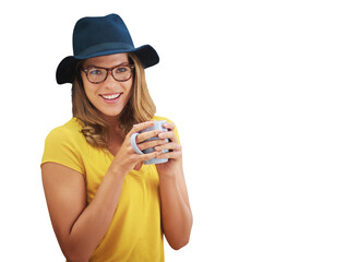 Poster - Woman, portrait and coffee with fashion and modern style with mug and hot drink with smile. Happy, female person and tea mug or latte with hipster clothes isolated on a transparent, png background