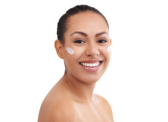 Sticker - Portrait, face lotion and woman with beauty, cosmetics and skin glow from dermatology cream of a happy model. Skincare, smile and confidence of female person isolated on a transparent, png background