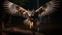 Image Of An Owl, Wings Fully Spread Diving For Its Prey In The Dead Of Night, 16:9