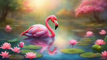 A Pink Flamingo In Water Surrounded By Pink Lotus Flowers.	
