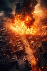 Poster - A massive explosion of smoke and fire engulfing a city. This dramatic image captures the intensity and chaos of the incident. Perfect for illustrating disasters, emergencies, and urban destruction.