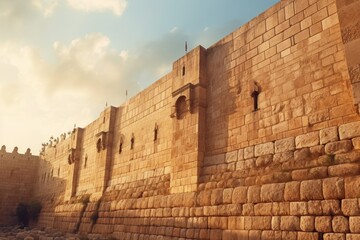 Poster - A picture of a stone wall with a clock on top. This image can be used to represent time, history, or a sense of permanence.