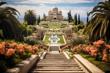 Poster - A view of a garden with stairs leading up to a building. This image can be used to depict a peaceful outdoor setting or to represent the entrance to a beautiful property.