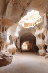 Wall Mural - A cave with a bright light shining at the end. Perfect for illustrating hope, new beginnings, and overcoming obstacles.