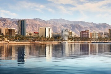 Aufkleber - A stunning cityscape featuring a large body of water surrounded by towering buildings. Perfect for illustrating urban development and modern architecture.