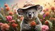 a koala wearing a hat in a field of flowers
