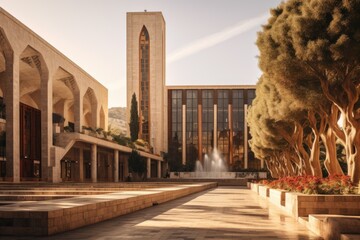 Poster - A picture of a large building with a prominent clock tower in the background. This image can be used to depict architectural landmarks, cityscapes, or the concept of time.