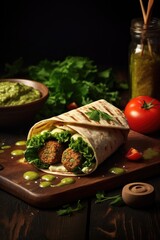 Wall Mural - A delicious burrito sitting on top of a wooden cutting board. Perfect for food and cooking concepts.