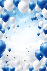 Poster - A picture of a bunch of blue and white balloons floating in the sky. This image can be used for various occasions and celebrations.