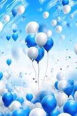 Poster - A vibrant image showcasing a bunch of blue and white balloons floating in the air. Perfect for adding a touch of celebration and joy to any project
