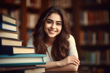 Wall Mural - Young college girl sitting in library with many books and smiling