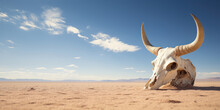 The Bull Skull Rests On The Desert Floor, A Stark Relic Against The Backdrop Of Vast, Sandy Solitude
