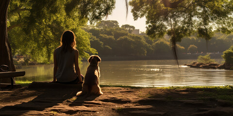 The park scene unfolds with a woman and her helper dog, a partnership of trust and companionship