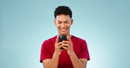 Sticker - Man, smile and texting on phone in studio for communication mock up on blue background. Young, person, model and Cape Town with mobile app, message or social media by internet, connection or cellular