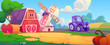 Cartoon farm landscape with red wooden barn and mill, tractor and hay bale and pumpkin in field under blue sky with clouds. Vector illustration of rural village scenery with agriculture elements.