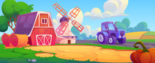 Cartoon Farm Landscape With Red Wooden Barn And Mill, Tractor And Hay Bale And Pumpkin In Field Under Blue Sky With Clouds. Vector Illustration Of Rural Village Scenery With Agriculture Elements.