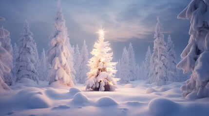 Wall Mural - Snowy winter eu early morning with sparkling christmas tree