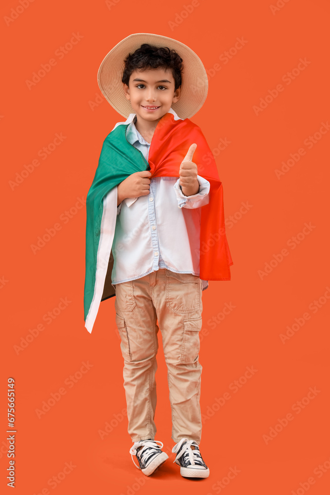 Little boy with Mexican flag on orange background