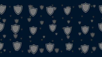Poster - Shield symbols float horizontally from left to right. Parallax fly effect. Floating symbols are located randomly. Seamless looped 4k animation on dark blue background
