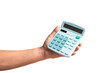 © sinseeho - Man holding a calculator with his hand, close up view. Isolated, transparent background.