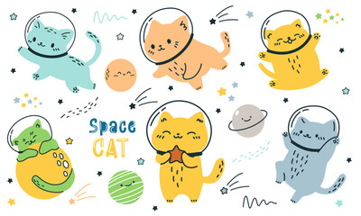 Wall Mural - Scandinavian style vector set. Cats in spacesuits flying in space. Space cat inscription. Stars and planets . Vector illustration