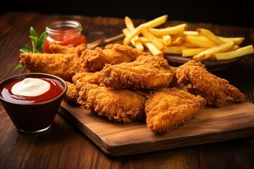 Crispy fried chicken tenders and french fries on wooden table