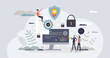 Digital security and business information protection tiny person concept. Web safety with antivirus, firewall, encryption system and safe file access vector illustration. Personal identity data lock.
