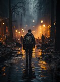 Fototapeta  - Dangerous city street at night, illuminated by flickering neon lights. A group of people cautiously walks amidst the urban decay and debris, uncovering the gritty reality of an apocalyptic world