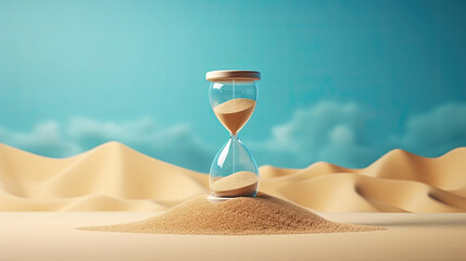 Hourglass with blue sand inside in a warm golden morning sunlight with shadow on a sandy beach and sea background, starting time for a new day or running of time. Concept of the rapid passage of time.