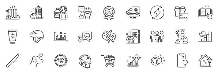 Icons pack as Ambulance transport, Bribe and Survey results line icons for app include Paint brush, Baggage, Gift card outline thin icon web set. Tips, Smile, Table knife pictogram. Vector