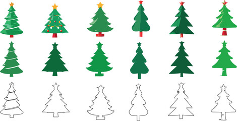 Wall Mural - Christmas tree vector illustration set, different styles, isolated on white, Flat, outline, line art, silhouette, Perfect for holiday, festive, winter, decoration, ornament, Christmas, Xmas, New Year