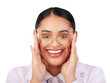 Glasses, vision and portrait of woman with smile for optometry on isolated, png and transparent background. Optician, ophthalmology and face of person with prescription lens, frame and spectacles