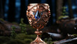 a gold goblet sitting on a wooden table