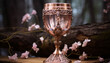 a gold goblet sitting on a wooden table