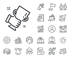 Wall Mural - Hold trophy sign. Salaryman, gender equality and alert bell outline icons. Winner cup line icon. Best achievement symbol. Winner cup line sign. Spy or profile placeholder icon. Vector